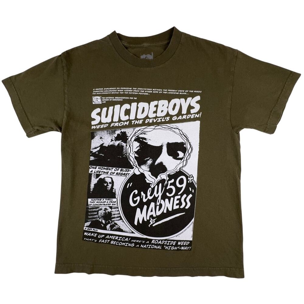 G59 $uicideboy$ Grey59 Madness Reefer Graphic T-Shirt Olive Green M